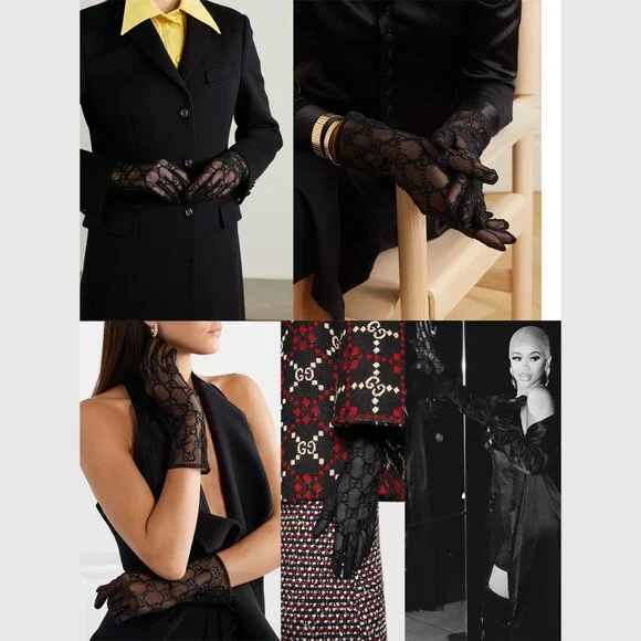 GUCCI GLOVES 787379 BLACK TULLE w GG LOGO MOTIF EMBROIDERY sz 8 / L - Picture 3 of 14